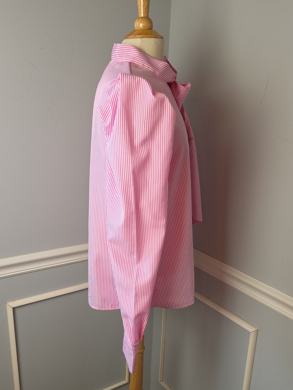 SHEIN Pink White Striped Puff Sleeve Tie Neck Bow Career Office Blouse Top XL - Picture 4 of 8